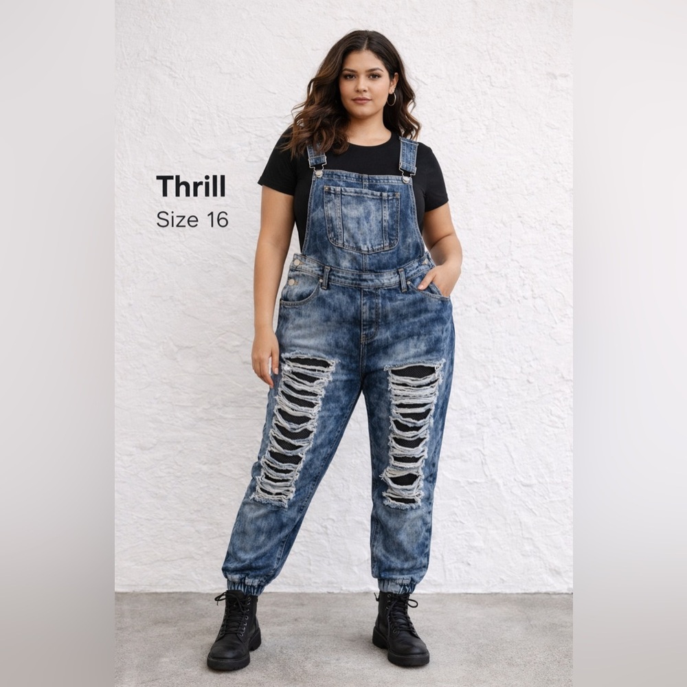 Thrill Ripped Mesh Panel Denim Overalls Jogger Size 16